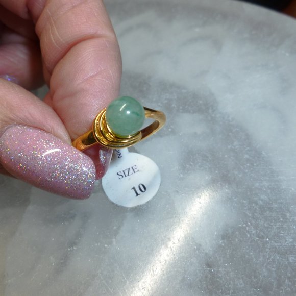 18k Yellow Gold EP Green Aventurine Dolphin Ore Ring - Picture 8 of 10